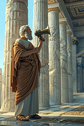 Socrates in Parthenon with a megaphone.