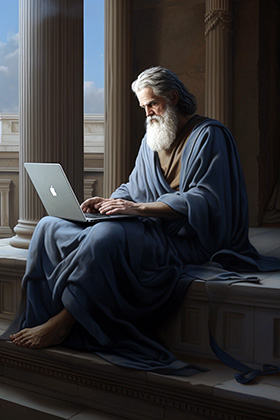 Socrates writing on a laptop